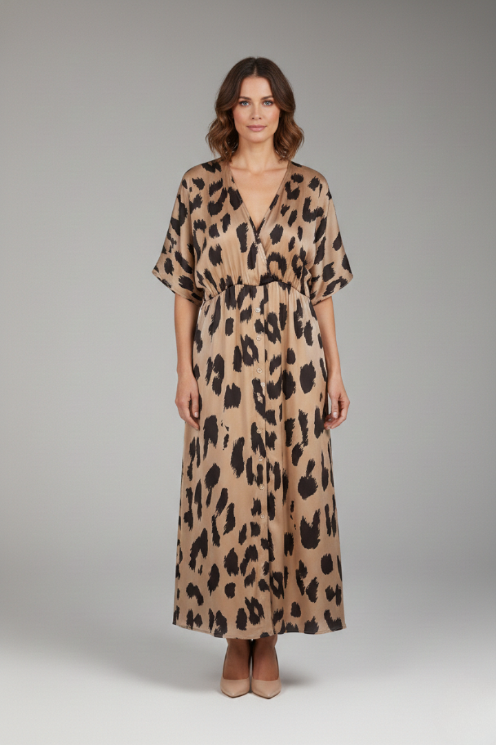 Women's Leopard Print Dress with V-Neck and Extra Wide Skirt