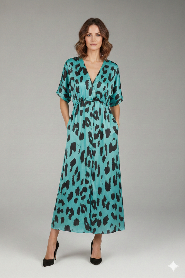Women's Leopard Print Dress with V-Neck and Extra Wide Skirt