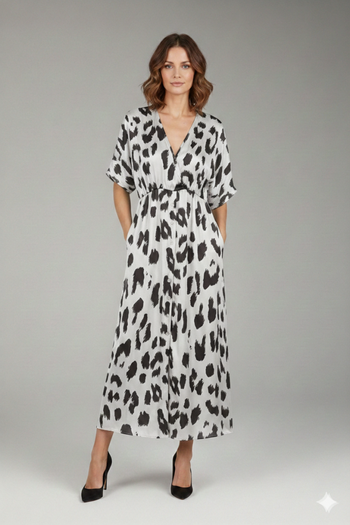 Women's Leopard Print Dress with V-Neck and Extra Wide Skirt