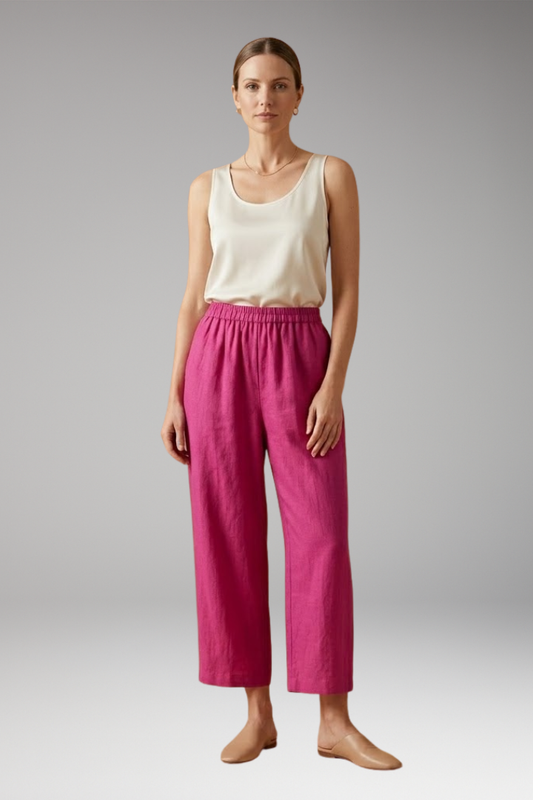 Women's Linen-Cotton Trousers with Elasticated Waistband and Pockets
