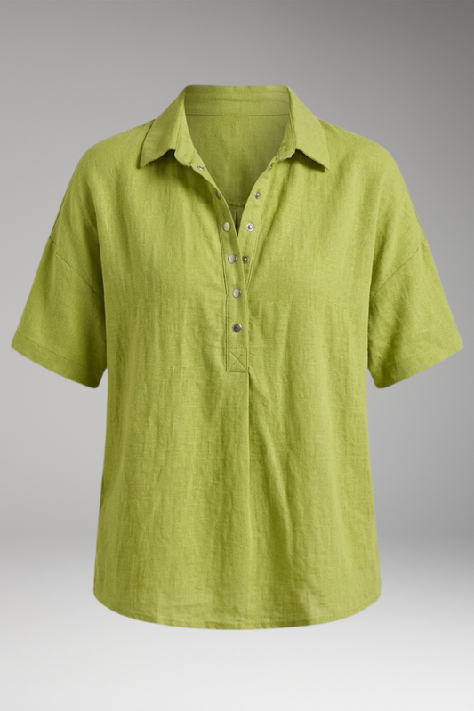 Women's Linen-Style Blouse with Collar and Button Placket