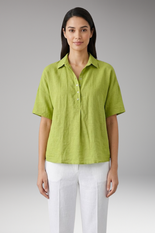 Women's Linen-Style Blouse with Collar and Button Placket