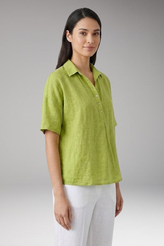 Women's Linen-Style Blouse with Collar and Button Placket