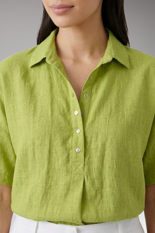 Women's Linen-Style Blouse with Collar and Button Placket