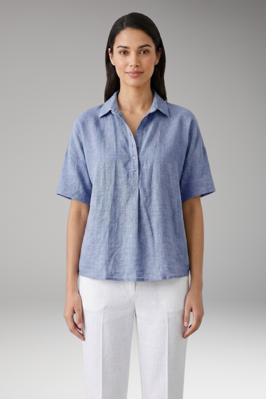 Women's Linen-Style Blouse with Collar and Button Placket