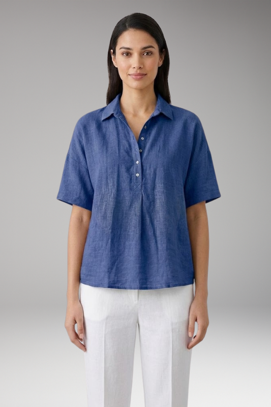 Women's Linen-Style Blouse with Collar and Button Placket