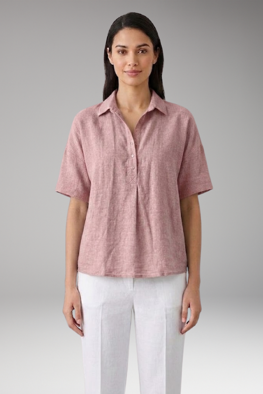 Women's Linen-Style Blouse with Collar and Button Placket