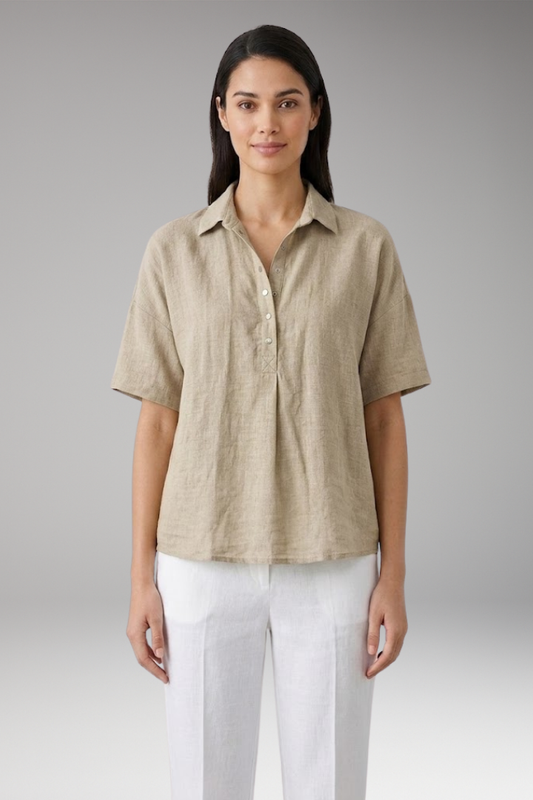 Women's Linen-Style Blouse with Collar and Button Placket