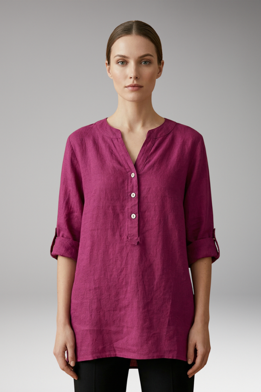 Women's Linen Blouse with Button Front and Roll-Up Sleeves