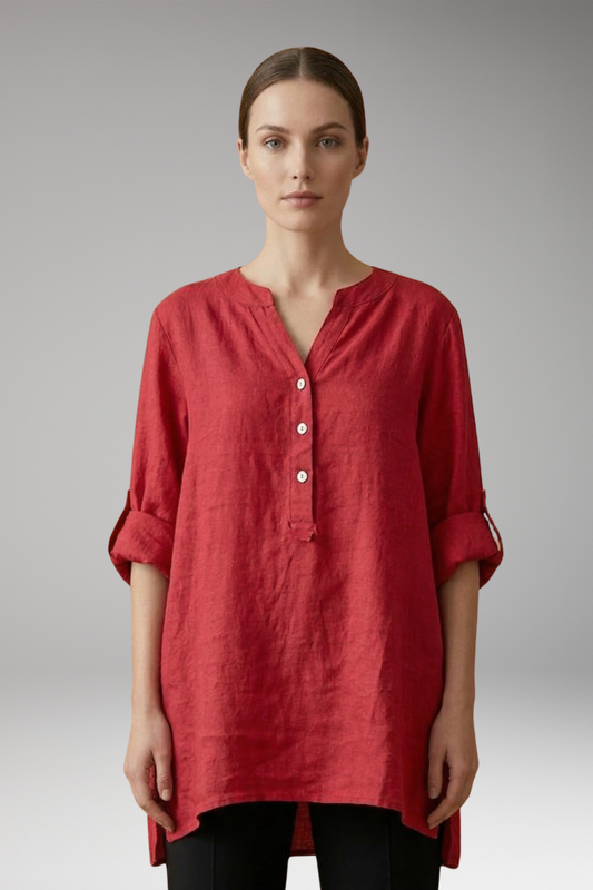 Women's Linen Blouse with Button Front and Roll-Up Sleeves