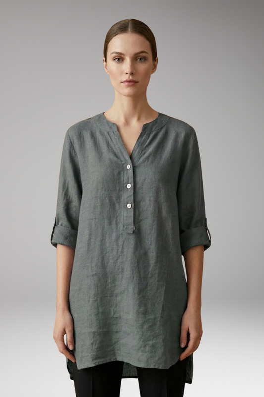 Women's Linen Blouse with Button Front and Roll-Up Sleeves