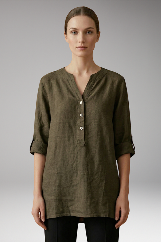 Women's Linen Blouse with Button Front and Roll-Up Sleeves