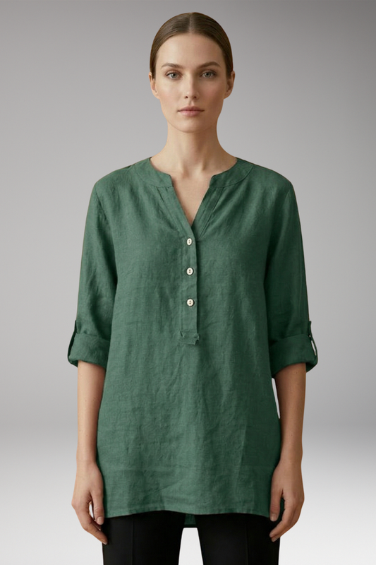 Women's Linen Blouse with Button Front and Roll-Up Sleeves