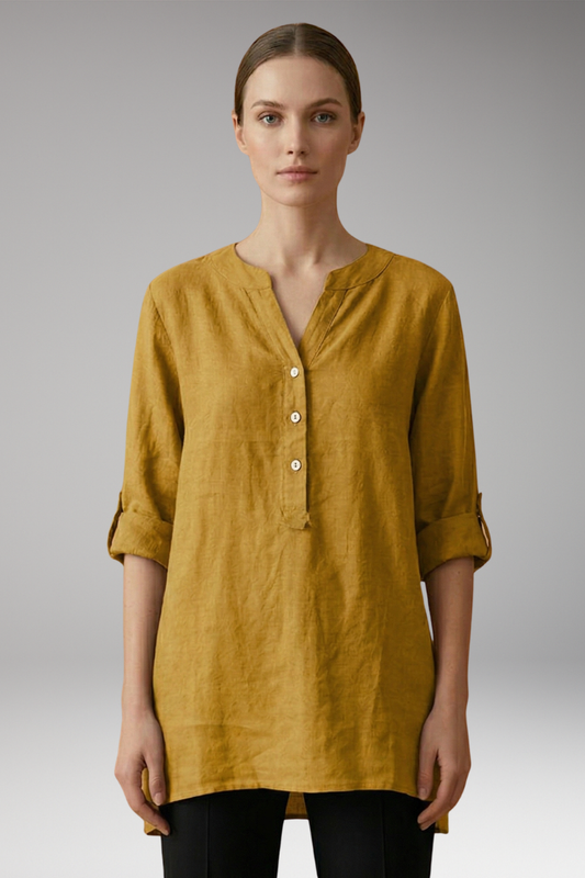 Women's Linen Blouse with Button Front and Roll-Up Sleeves