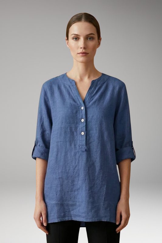 Women's Linen Blouse with Button Front and Roll-Up Sleeves