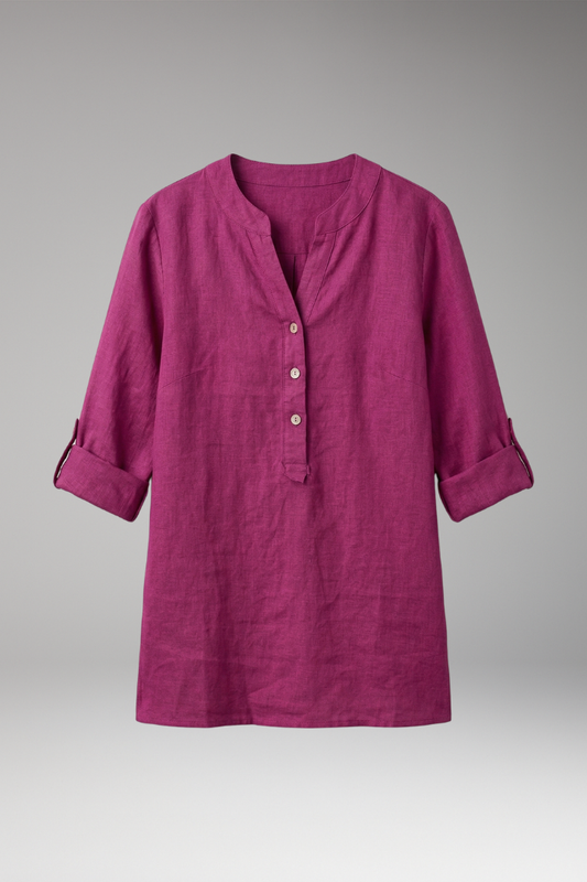 Women's Linen Blouse with Button Front and Roll-Up Sleeves