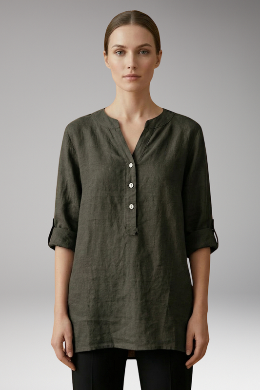 Women's Linen Blouse with Button Front and Roll-Up Sleeves