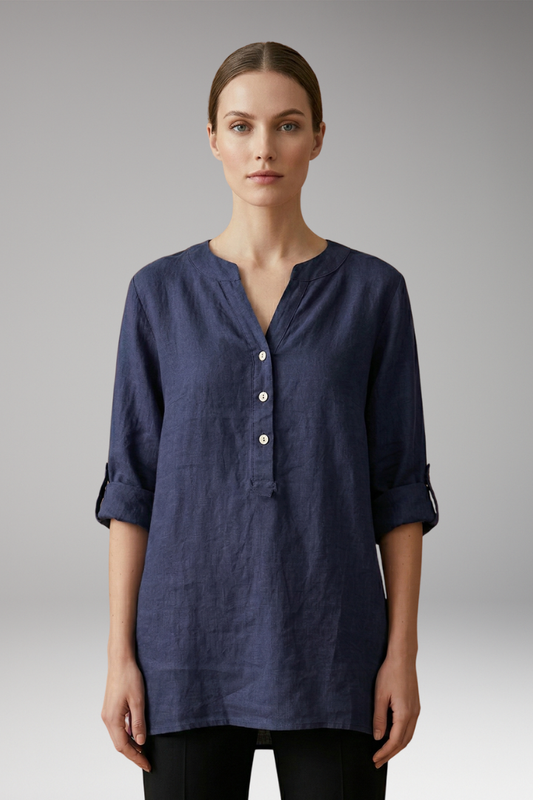 Women's Linen Blouse with Button Front and Roll-Up Sleeves