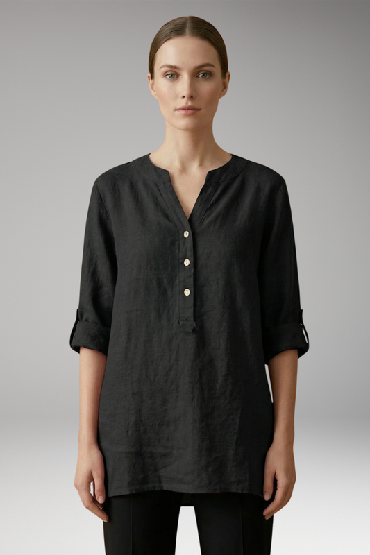 Women's Linen Blouse with Button Front and Roll-Up Sleeves