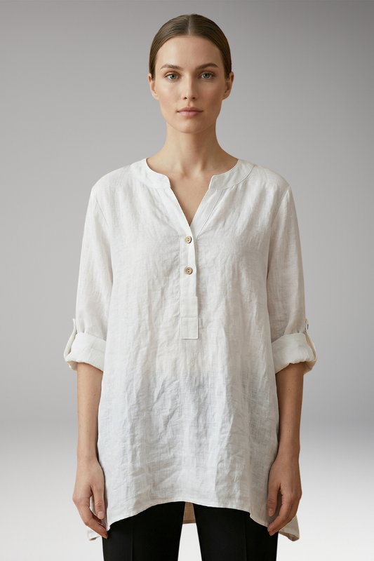 Women's Linen Blouse with Button Front and Roll-Up Sleeves