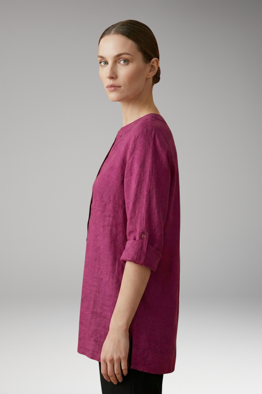 Women's Linen Blouse with Button Front and Roll-Up Sleeves