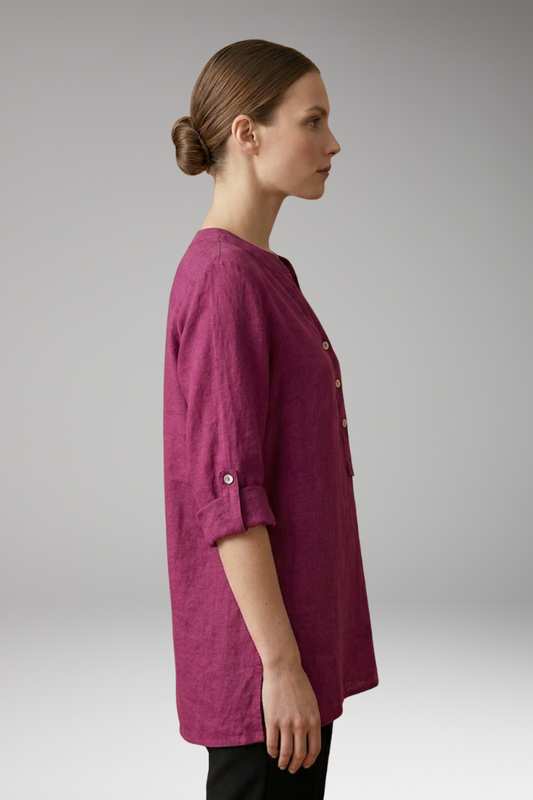 Women's Linen Blouse with Button Front and Roll-Up Sleeves