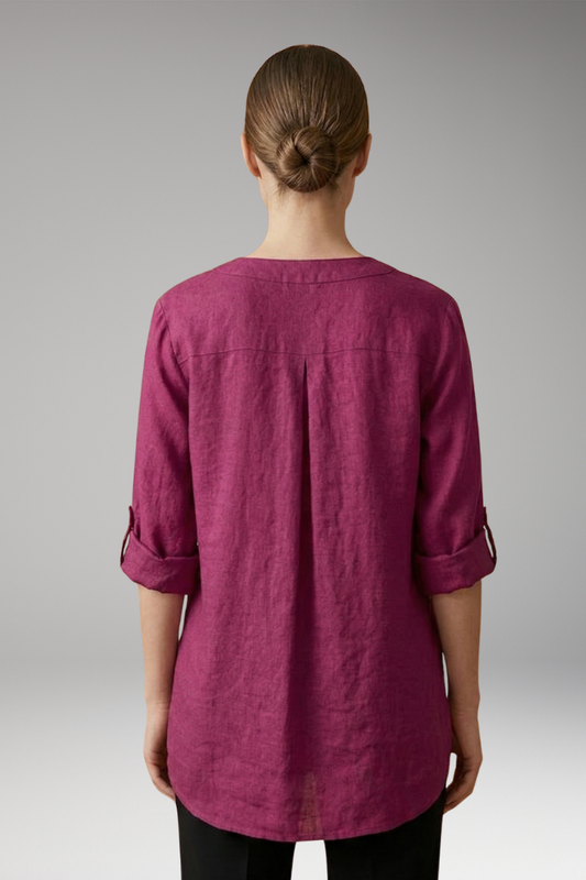 Women's Linen Blouse with Button Front and Roll-Up Sleeves