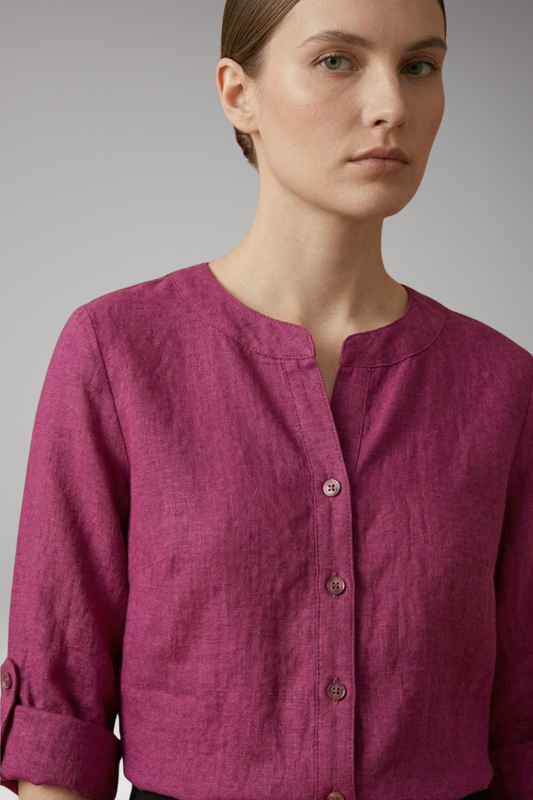 Women's Linen Blouse with Button Front and Roll-Up Sleeves