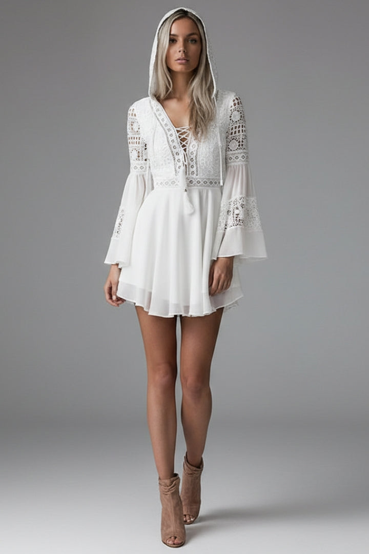 Women's Long-Sleeved Dress with Hood and Lace Details