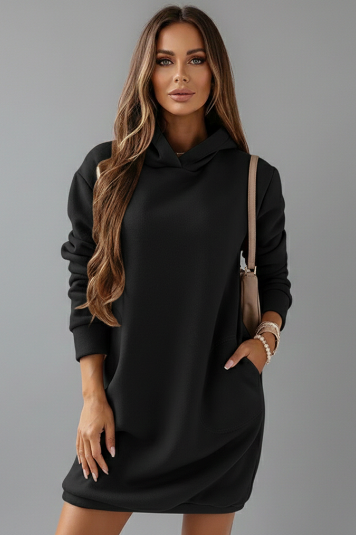 Women's Long-Sleeved Dress with Hood and Relaxed Fit
