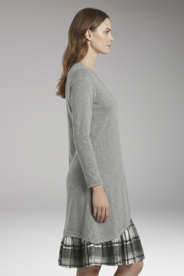 Women's Long-Sleeved Checked Dress with High Collar and A-Line Skirt