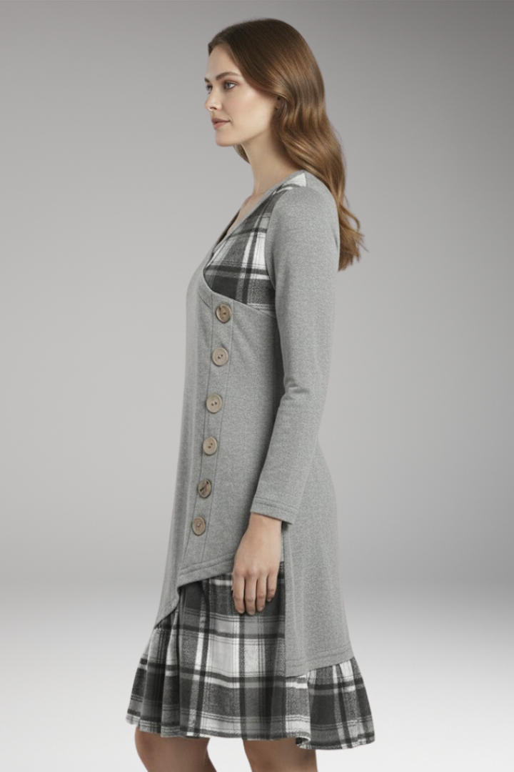 Women's Long-Sleeved Checked Dress with High Collar and A-Line Skirt
