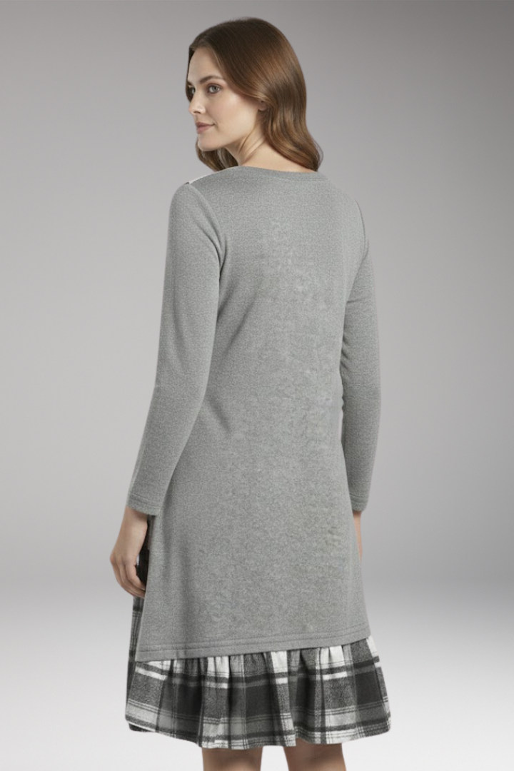 Women's Long-Sleeved Checked Dress with High Collar and A-Line Skirt