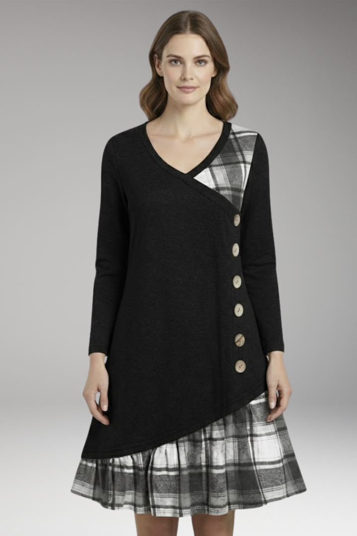 Women's Long-Sleeved Checked Dress with High Collar and A-Line Skirt