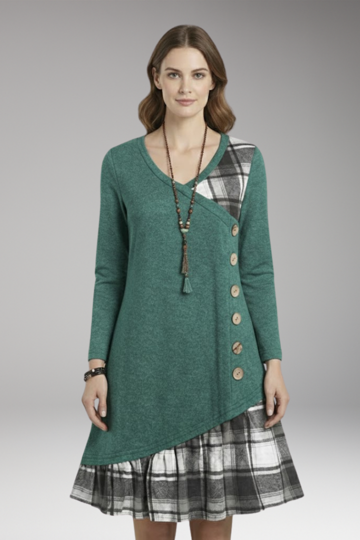 Women's Long-Sleeved Checked Dress with High Collar and A-Line Skirt