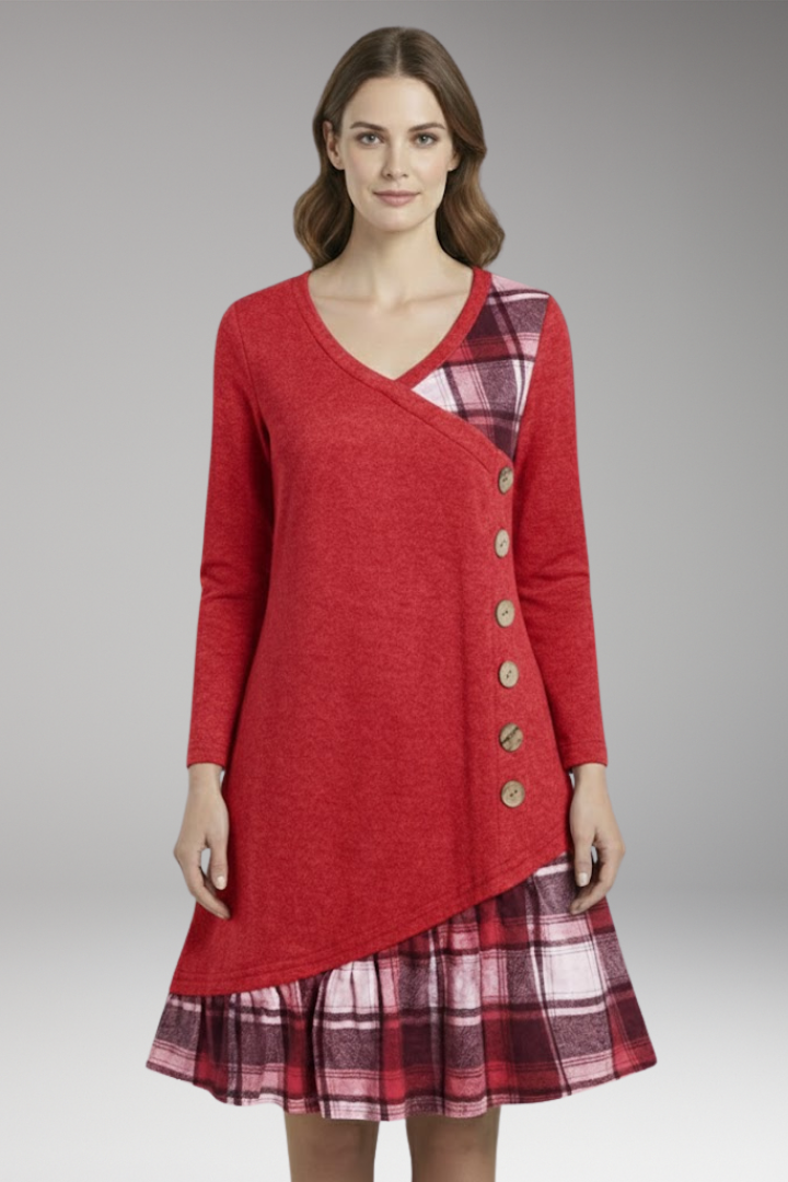 Women's Long-Sleeved Checked Dress with High Collar and A-Line Skirt