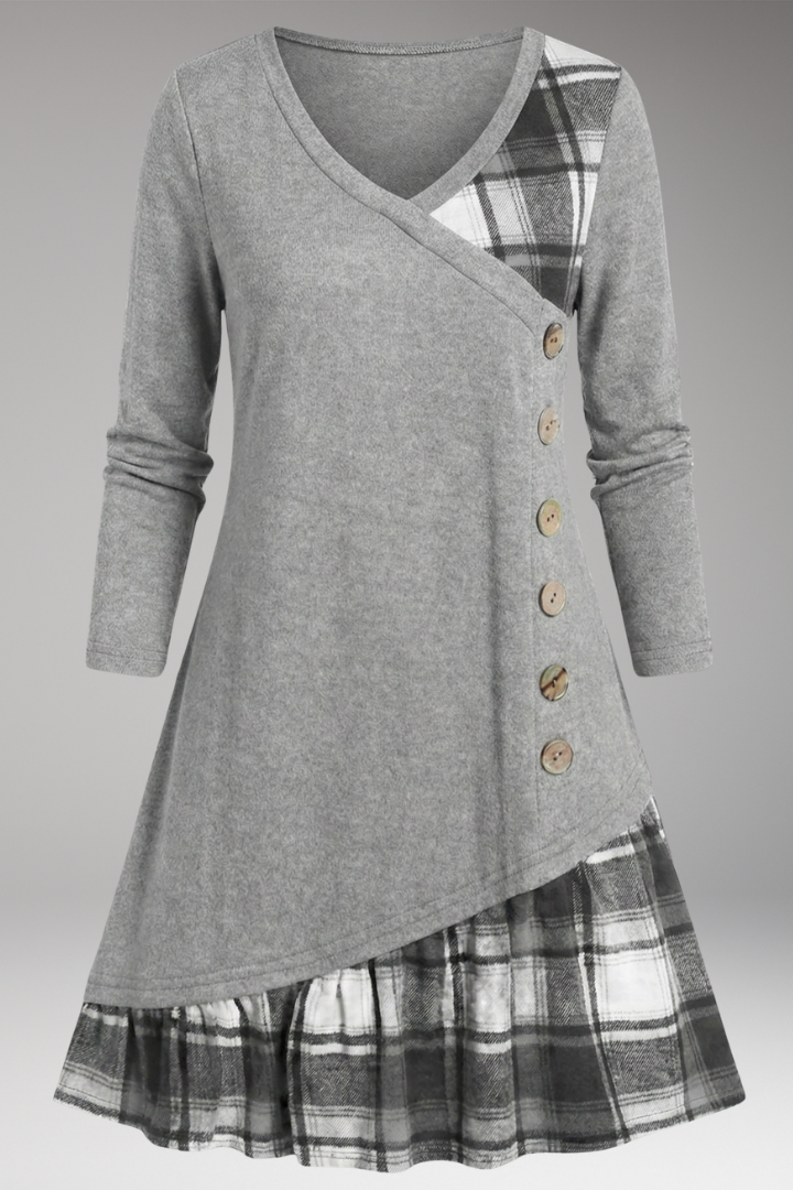Women's Long-Sleeved Checked Dress with High Collar and A-Line Skirt