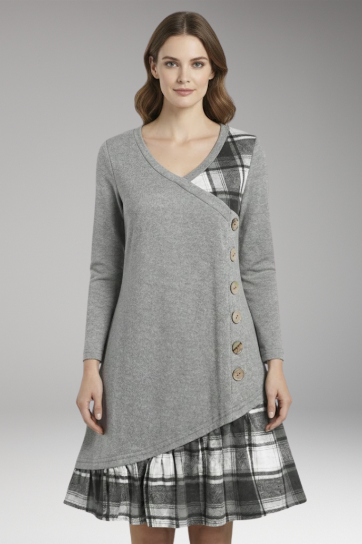 Women's Long-Sleeved Checked Dress with High Collar and A-Line Skirt