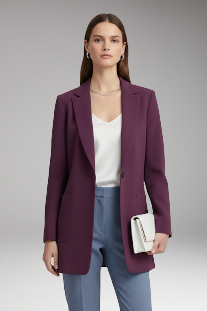 Women’s Long Blazer with Notched Collar and Patch Pockets