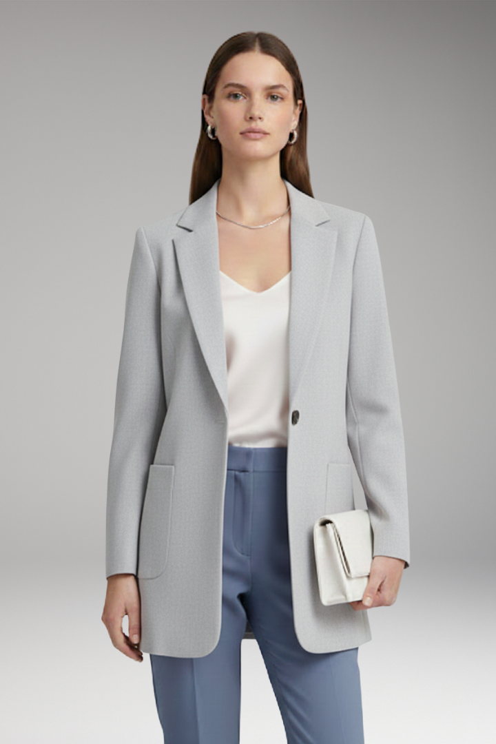 Women’s Long Blazer with Notched Collar and Patch Pockets