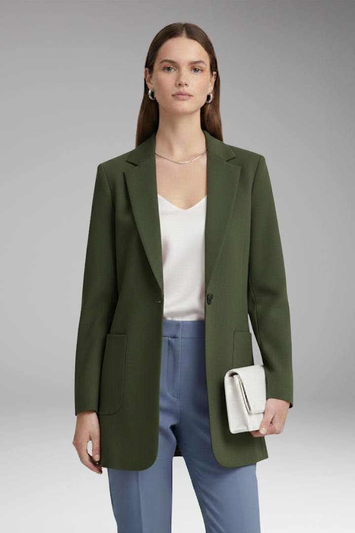 Women’s Long Blazer with Notched Collar and Patch Pockets