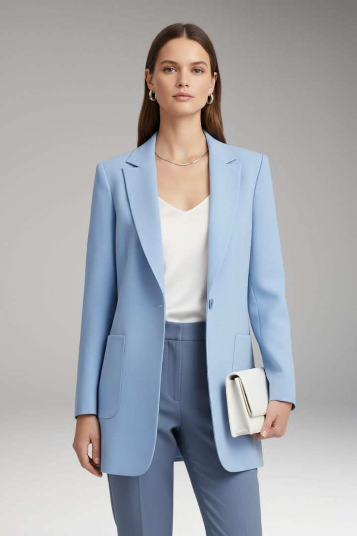 Women’s Long Blazer with Notched Collar and Patch Pockets