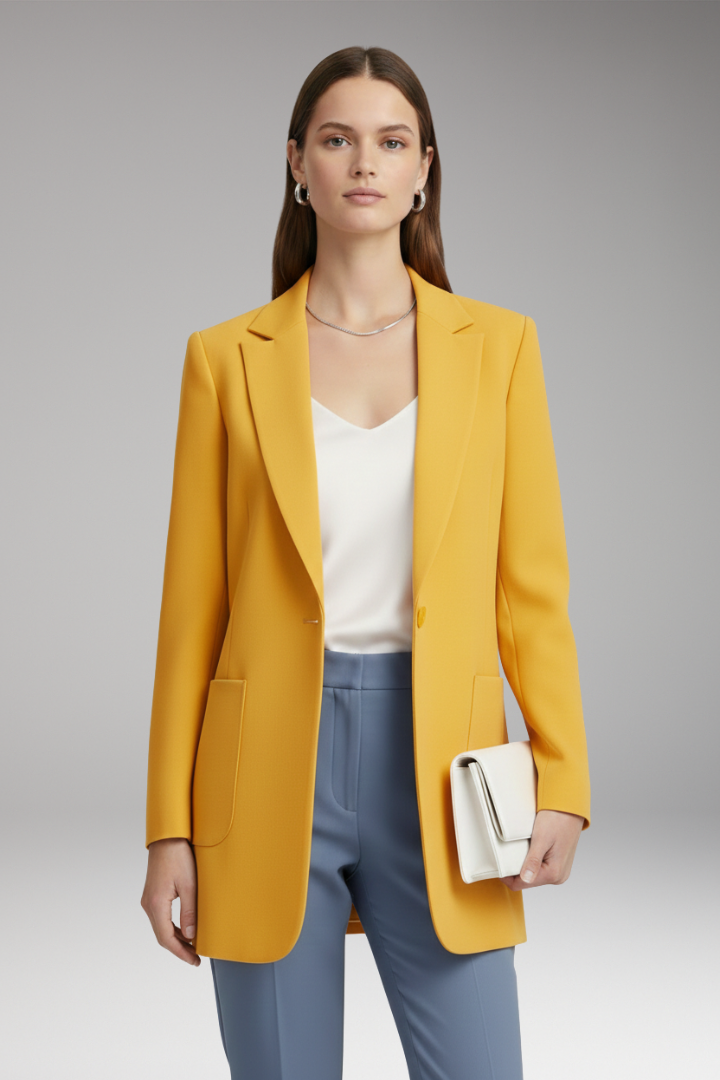 Women’s Long Blazer with Notched Collar and Patch Pockets