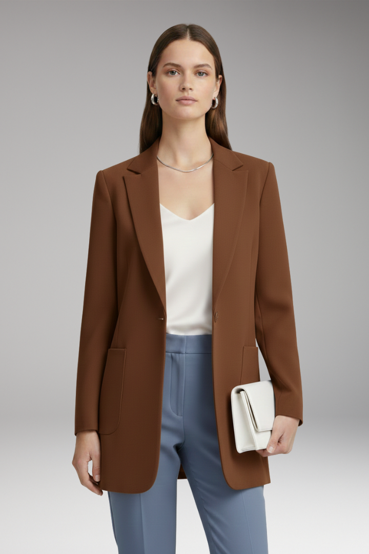 Women’s Long Blazer with Notched Collar and Patch Pockets