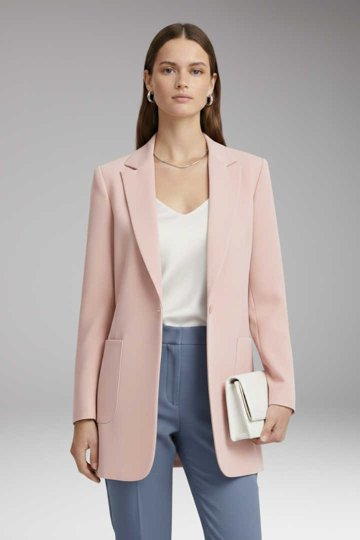 Women’s Long Blazer with Notched Collar and Patch Pockets