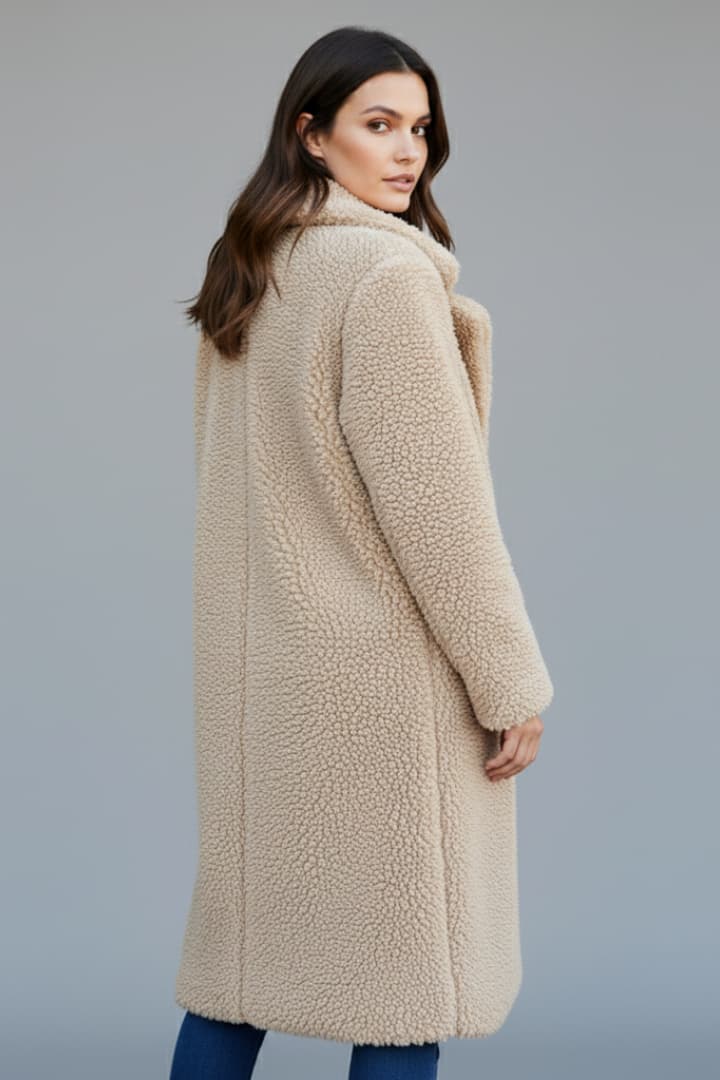 Women’s Long Coat with Lapel Collar and Textured Finish