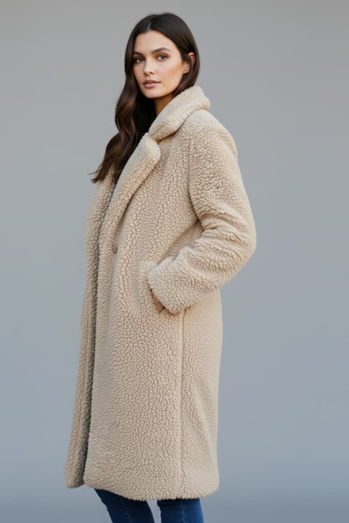 Women’s Long Coat with Lapel Collar and Textured Finish