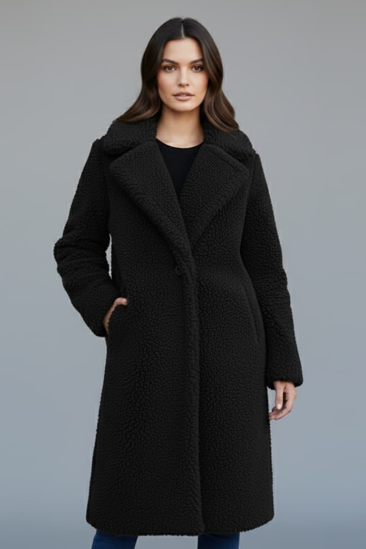 Women’s Long Coat with Lapel Collar and Textured Finish