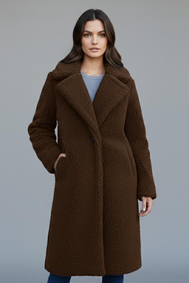 Women’s Long Coat with Lapel Collar and Textured Finish