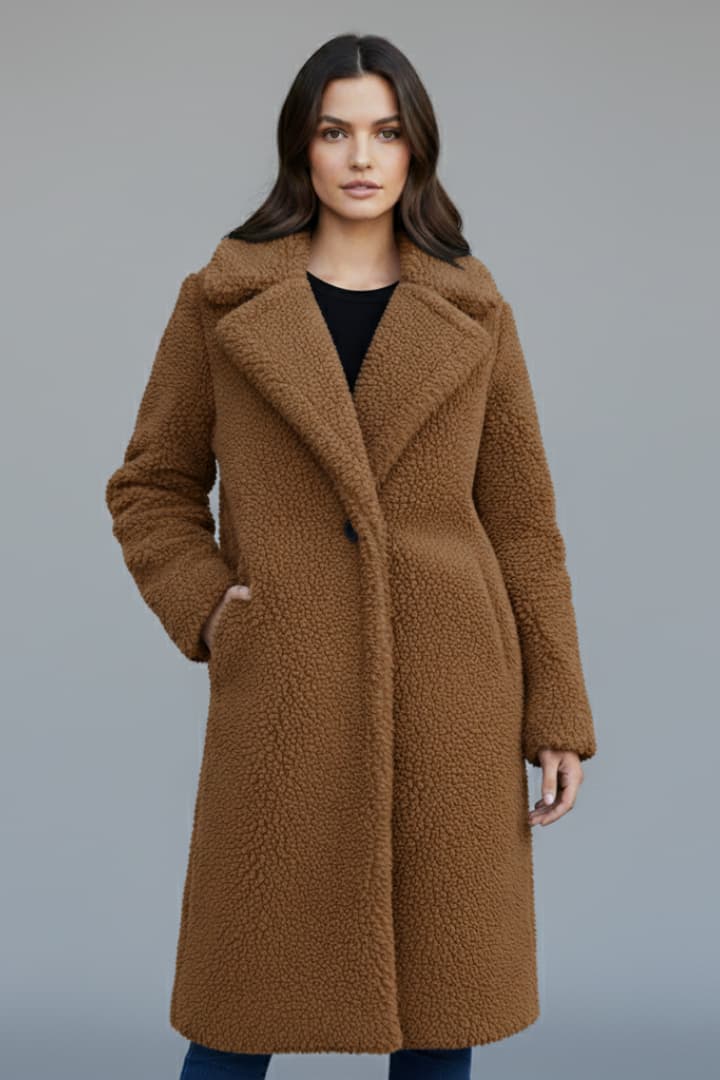 Women’s Long Coat with Lapel Collar and Textured Finish